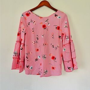 LOFT Red & White diagonal pin stripes & floral print w/long sleeve flare arms, S